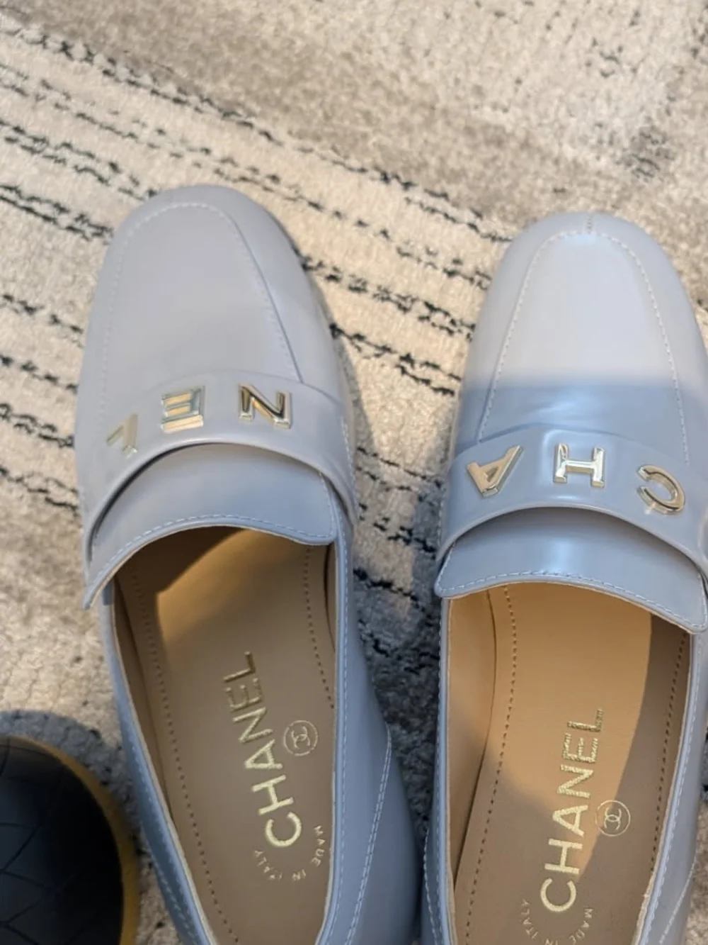 CHANEL Light Blue Leather Logo Penny Loafers